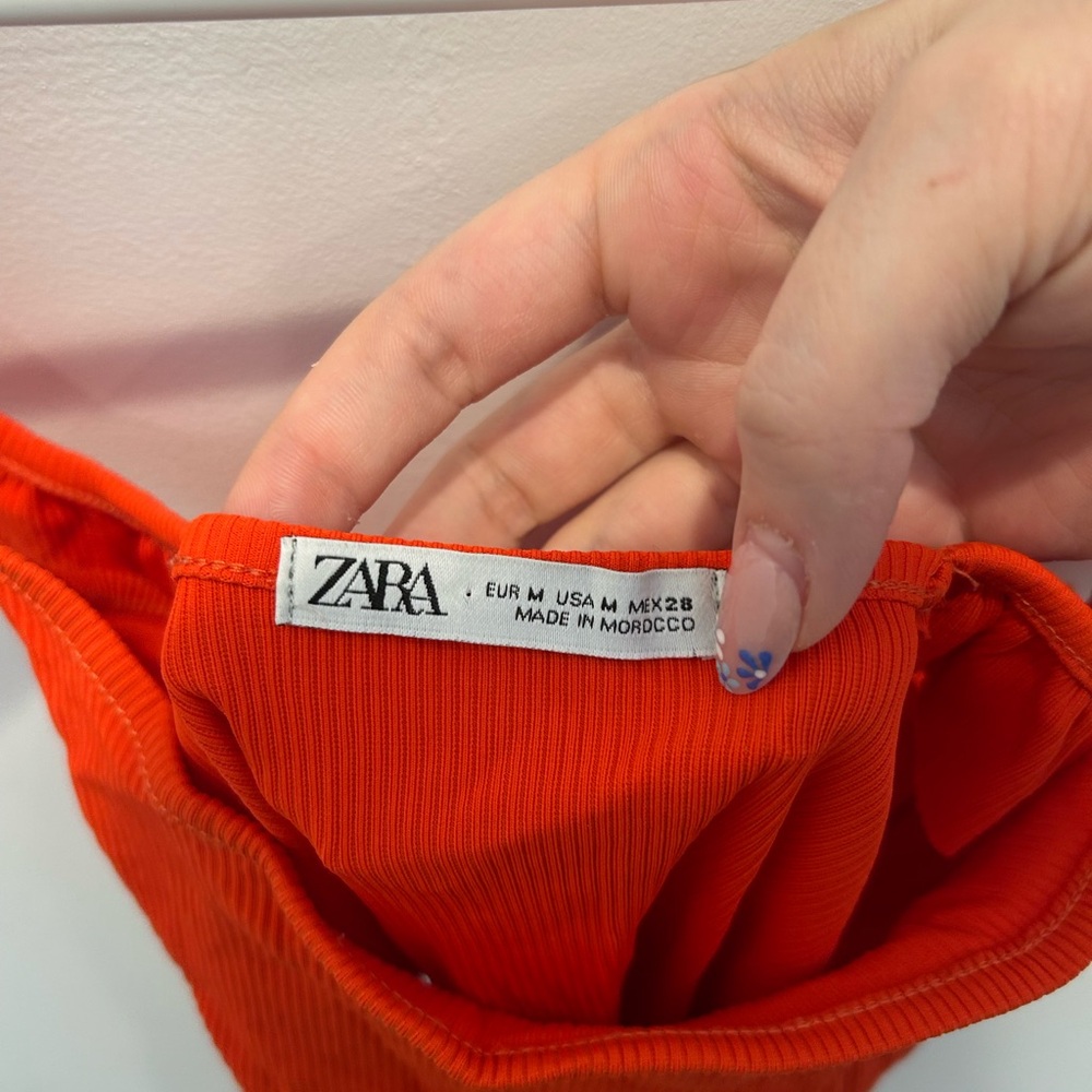 Zara Ribbed Ruffle Strap Bodysuit Size Medium In Orange-Red - Picture 3 of 8